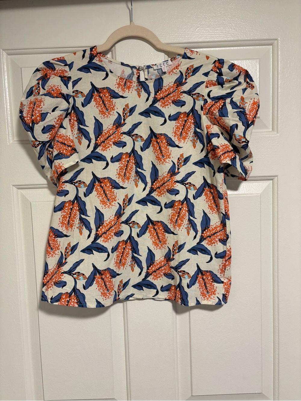 TCEC Cream Blouse with Navy Leaves & Orange Floral